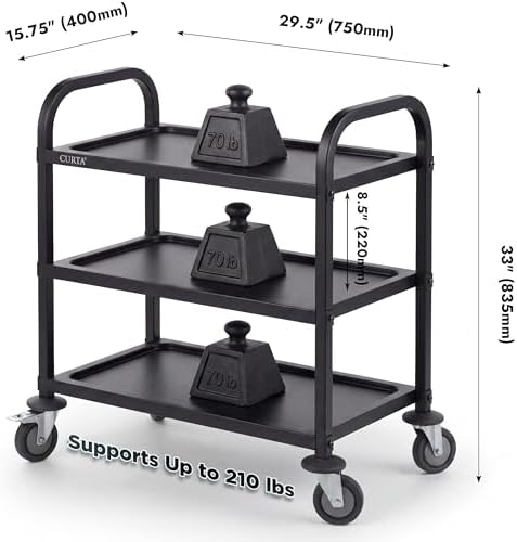 CURTA Black Stainless Steel Serving Cart, 3-Tier Rolling Utility Trolley (30"x16"x33"), Heavy Duty Painted Kitchen Cart on Wheels with Brakes, Commercial Grade for Restaurant, Hotel, Salon & Lab - Image 2