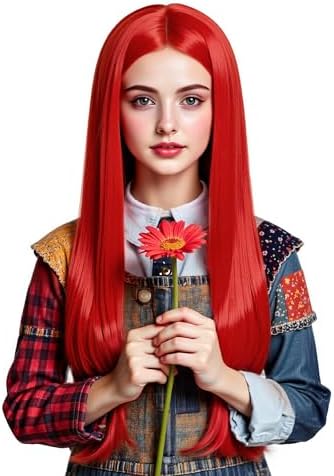 Long Red Staight Wig for Girls Middle Parting Wig for Kid Halloween Cosplay Wigs (Red/Straight) by HORTYZON