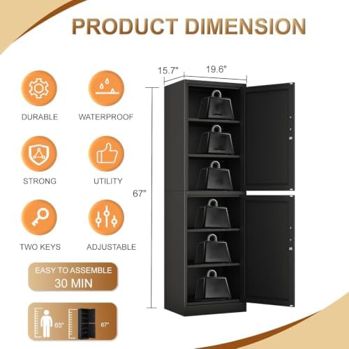 Tall Metal Narrow Bathroom Storage Locker Cabinet 67" H,Black Kitchen Pantry Cabinets with 4 Adjustable Shelves and 2 Lockable Doors,File Cabinet Organizer for Kitchen Home Office Living Dining Room - Image 2
