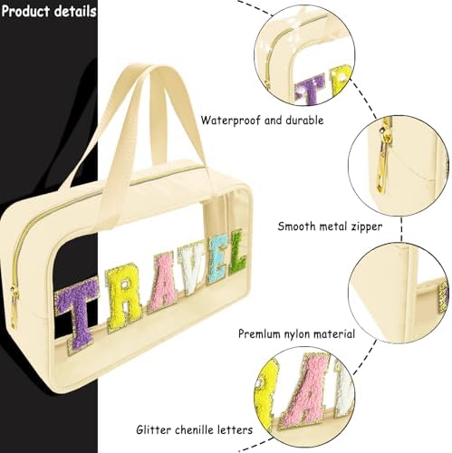 Bunliuys Chenille Letter Clear Makeup Bag Travel Patch, Travel Toiletry Makeup Bag with Handle, Nylon Waterproof Makeup Bags clear cosmetic bag, preppy patch makeup bag for Women (TRAVEL-Beige) - Image 3