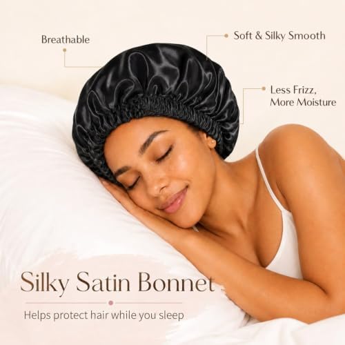 Women’s Satin Bonnet for Sleeping, Double Layer Sleep Cap, Black - Image 2
