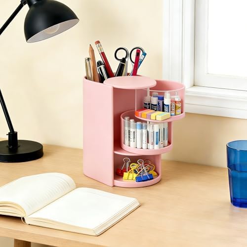 3-Layer Rotating Girls Hair Accessories Organizer Multi-Function Hair Brush Holder Makeup Organizer, Desktop Storage for Hair Clips, Hair Ties, Combs, Jewelry & Stationery (Pink) - Image 6