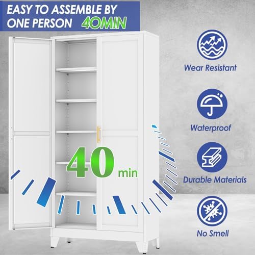 75" Metal Garage Storage Cabinet with 2 Doors and 5 Adjustable Shelves,Metal Storage Cabinets,Steel Tool Cabinets for Home,Office,Garage,Warehouse (White, 75''H x 36''W x 18''D) - Image 4