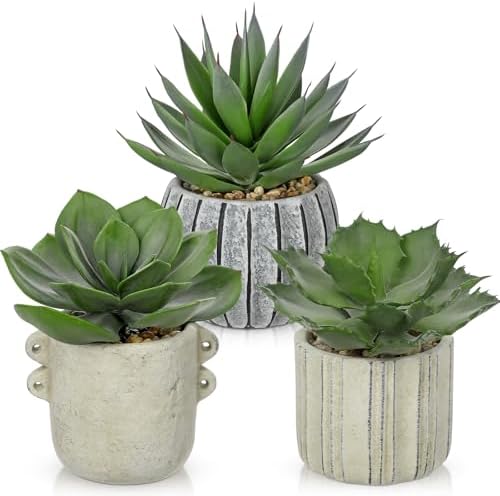 Briful 3 Pack Faux Succulent Plants in Vintage Cement Pots – Artificial Aloe Succulent Decor with Realistic Leaves and Pebble Base – Rustic Mini Plant Set for Home Office Bathroom Bookshelf by Briful