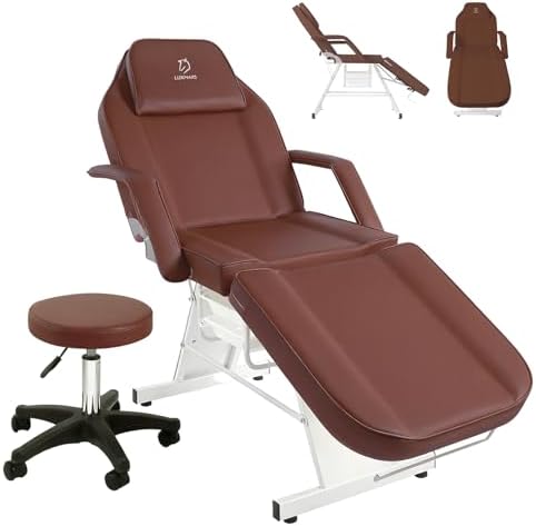 Facial Chair,73″ Tattoo Chair for Client,3-Section Adjustable Massage Table with Stool,Multipurpose Beauty Beds Salon Equipment for Esthetician,Tattooshop,Spa (Brown) by LUXMARS