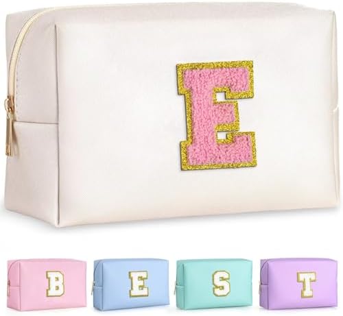 TOPEAST Travel Makeup Bag for Women - Preppy Cosmetic Bag, Personalized Initial Makeup Pouch Leather Waterproof Travel Toiletry Bag | Birthday Travel Gifts (Pearly White E) by TOPEAST