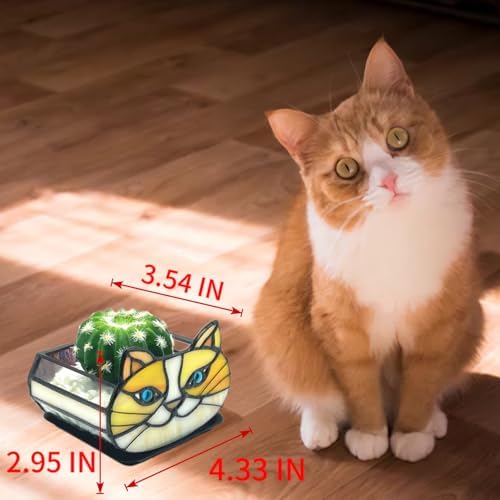 Stained Glass Yellow Cat Flower Pot,Small Succulent Planter for Indoor Plants,Cat Plant Decoration for Windowsill 4.33x3.54x2.95 in（Excluding Plants） - Image 2