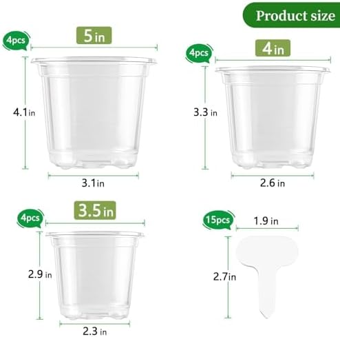 SupKing Clear Nursery Pots 5/4/3.5 Inch Plastic Seed Starter Plant Flower Pot with Drainage Holes for Transplanting Succulents Cuttings Seedlings 15 Labels (12Pcs) - Image 2