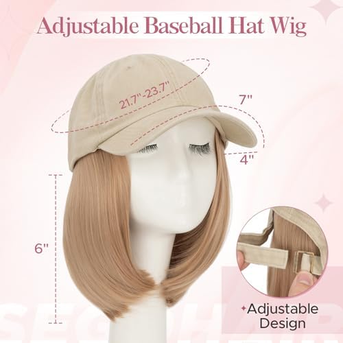 SEGO Unisex Vintage Baseball Cap with Hair Extensions for Women Synthetic Hair Attached Short Straight Hairpiece Khaki Baseball Cap Wig Adjustable Hat Wigs for Women 6 Inch 18A Light Blonde - Image 3