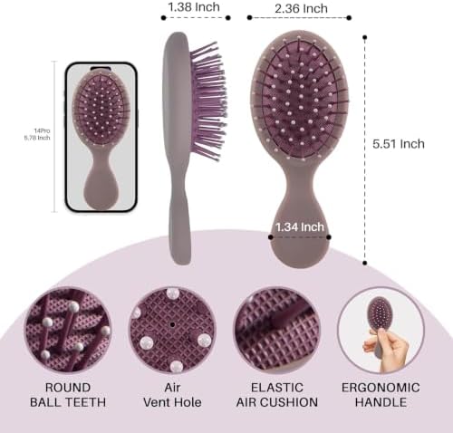 RHOS Mini Hair Brush for Women,Men and Kids-Travel Size Hair Brush for Purse,Pocket,backpack-Small Cushion Paddle Brush with Soft Bristles-Mini Detangler Brush for All Hair Types(1 Pack-Purple) - Image 2