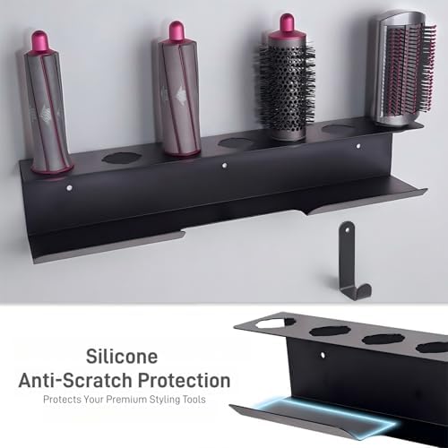 Dyson Airwrap Holder, Aluminum Alloy Dyson Airwrap Wall Mount with 7 Custom Slots&Cable Hook for Bathroom Salon Adhesive/Screw Black PTALSEAW - Image 4