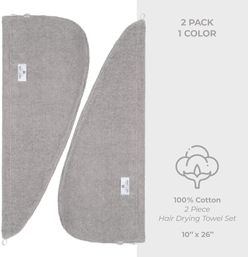 American Soft Linen 100% Cotton Hair Towels for Women, Head Towel Cap, Cotton Hair Turban Towel Wrap for Long Curly Anti Frizz Hair, Soft and Absorbent Cotton Hair Towels 2 Pack, Light Gray - Image 4