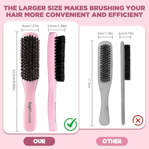 Boar Bristle Slick Back Hair Brush for Smooth Flyaways, Frizz, Sleek Ponytail, Buns and Edge Baby Hair, Teasing | Hair Comb, Edge Brush, Teasing Brush Styling Accessories for Kids, Women & Men (Pink) - Image 5