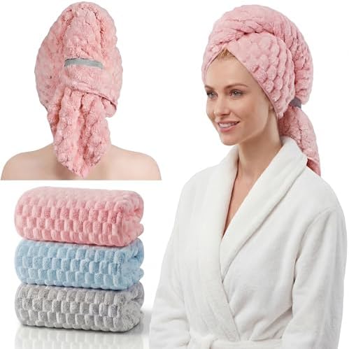 3 Pack Microfiber Hair Towels for Women 24 x 42 Inch Super Soft Absorbent & Quick Dry Towel Wrap for Long, Short, Curly, Thick Hair- Anti-frizz Turbans(Pink, Light Blue, Light Gray) by Unknown
