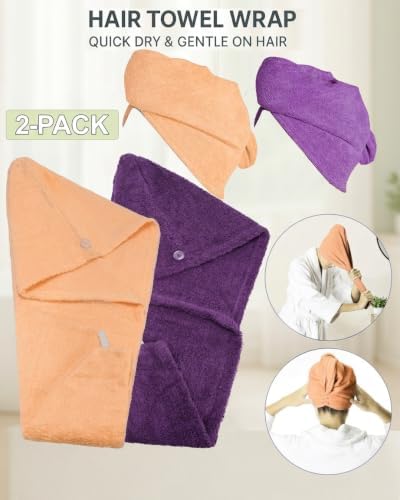 Textila 100% Cotton Hair Wrap Towels for Women, (Pack of 2 - Plum & Peach) Head Towel Cap, Cotton Hair Turban Towel Wrap for Long Curly Anti Frizz Hair, Soft and Absorbent Cotton Hair Towel - Image 2