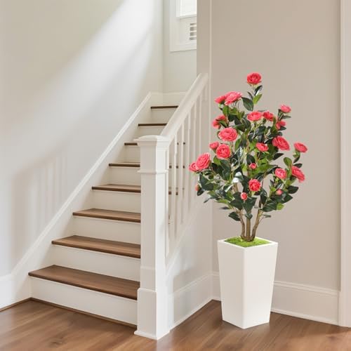 Romantic Season 4FT Artificial Camellia Tree with White Tall Planter, Pink Faux Camellia Plant Flower Tree for Modern Home Office Living Room Floor Décor Outdoor Indoor，Pink - Image 6