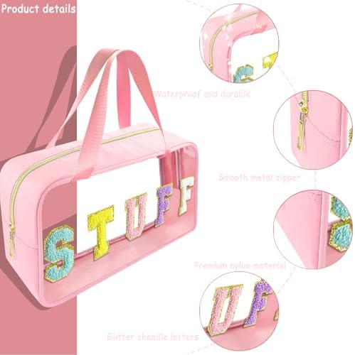 Bunliuys Chenille Letter Clear Makeup Bag Stuff Patch, Travel Toiletry Makeup Bag with Handle, Nylon Waterproof Makeup Bags clear cosmetic bag, preppy patch makeup bag for Women (STUFF-Pink) - Image 3