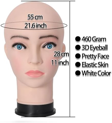 Bald Female Mannequin Head 21.6 Inches Big Head Circumference Makeup Training Head Wig Head Professional Cosmetology for Wig Making Hat Helmet Glasses Display Head Model with Clamp Stand - Image 2
