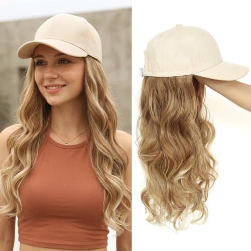 Hat Wig Baseball Cap with Long Wavy Wig Natural Layered Ombre Blonde Hair by Yunkang