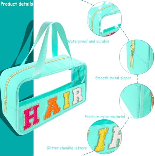 Bunliuys Chenille Letter Clear Makeup Bag Hair Patch, Travel Toiletry Makeup Bag with Handle, Nylon Waterproof Makeup Bags clear cosmetic bag, preppy patch makeup bag for Women (HAIR-Mint Green) - Image 3