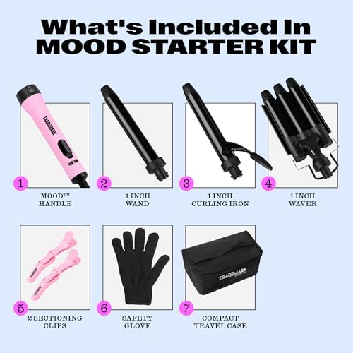 Trademark Beauty Interchangeable Iron Styling Kit - 3 in 1 Curling Iron, Hair Waver, and Curling Wand, Hair Styling Tool, 1 Inch Barrels, Mood - Pink/Black - Image 5