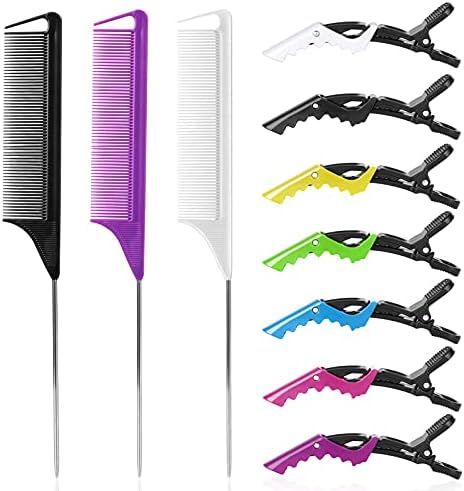 Rat Tail Teasing Comb Set with Styling Clips - 3 Steel Pin Combs, 7 Sectioning Clips for Braiding, Parting, and Salon Styling by Kunihiko