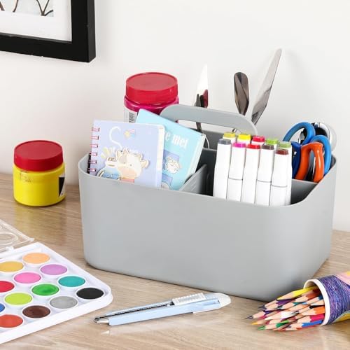 Multiuse Caddy Organizer with Handle, Portable Divided Plastic Tote Bin - Art Craft, Stationary Pen Marker Crayons, Makeup Hair Supplies Storage - Bathroom, Classroom, Dorm, Office, Desk Holder - Grey - Image 3