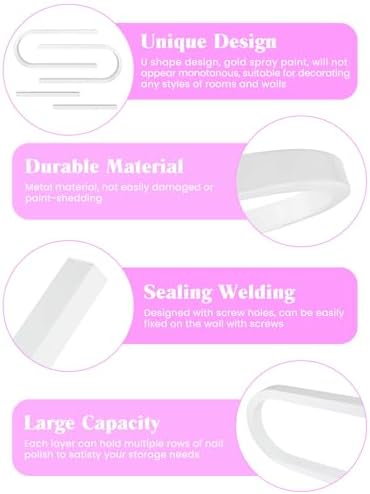 EBANKU 4PC U Shape Nail Polish Racks Heavy Duty Nail Shelfs for Wall Nail Polish Display Rack Cosmetic Display Cases Lipstick Perfume Wall Shelf Nail Polish Organizer for Home Spa Nail Salon (White) - Image 4