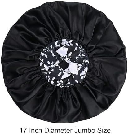 Silk Satin Bonnet Hair Cap: 2pcs 17inch Diameter Extra Large Jumbo Sleeping Satin Bonnets with Comfortable Flower Band - High Density Satin Bonnets for Women Braids Curly Night Cap（Black & Coffee） - Image 5