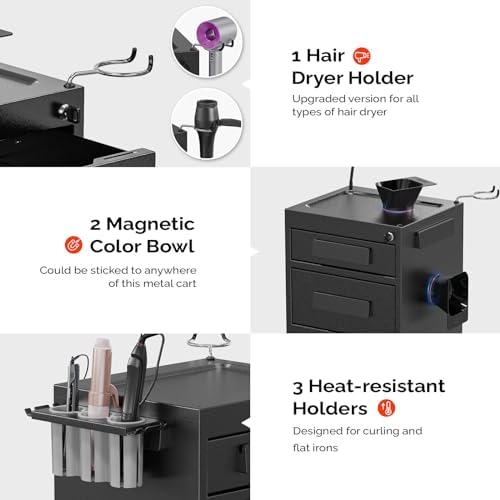 OmySalon Salon Trolley Cart for Hair Stylist, Metal Salon Station with Lockable Drawers, 2 Magnetic Bowls & 2 Storage Baskets, Beauty Barber & Tattoo Cart, Black - Image 2