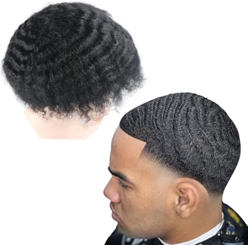 Man Weave Hair Unit 6inch hair length 360 Wave Skin Pu for Black Men 100% Human Hair Afro 12mm Toupee African American MenToupees 8x10inch 1# Jet Black by lumeng