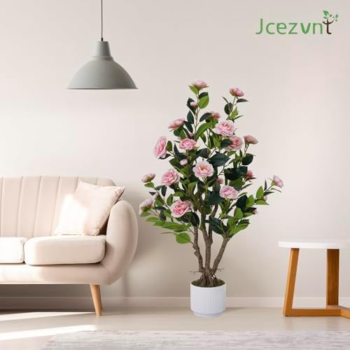 2 Pack Artificial Camellia Tree with White Pot, 38" Faux Potted Plants for Indoor Outdoor Decor, Tall Silk Greenery Plant for Home Offce Living Room Balcony, Pink - Image 5