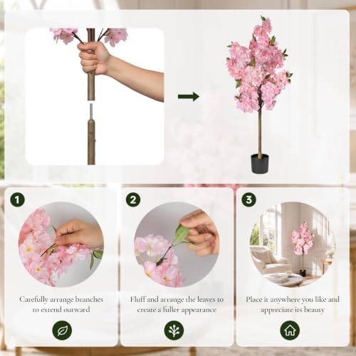 Cherry Blossom Tree 4FT Artificial Plants Indoor - Reinforced Spiral Connection Base & Anti-Shedding Silk Sakura Flowers, Faux Pink Tree for Living Room Home Office Bedroom Decor - Image 7