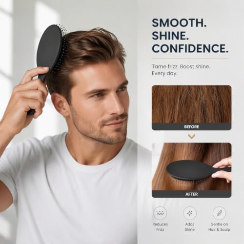 Boar Bristles Hair Brush for Women and Men, Detangling Hair Brush for Smoothing Massage Add Shine, Nylon&Boar Bristles Detangler brush for Hair Healthy (1 Pack-Black) - Image 4