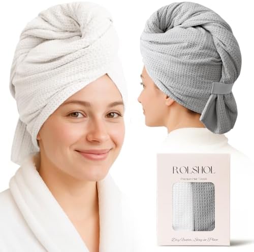 ROLSHOL 2 Pack Waffle Microfiber Hair Towel Wraps for Women, 32 x 11 in by ROLSHOL