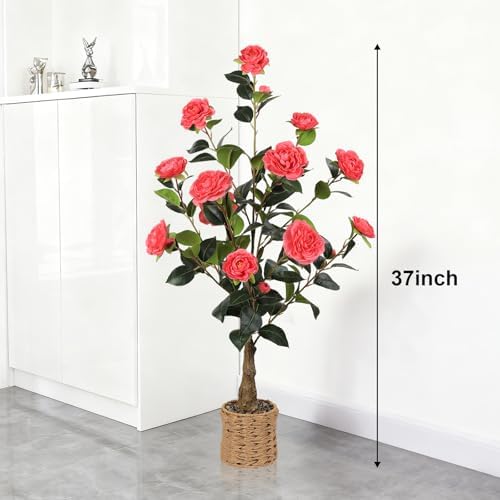 2Pack Artificial Camellia Tree, 3Ft Pink Faux Camellia Plant in Pot - Image 3