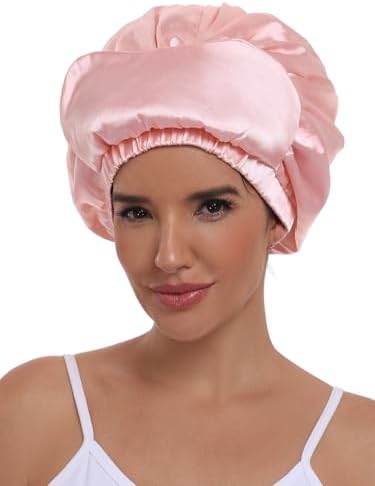 Double Layer Satin Bonnet with Eye Mask Adjustable Silk Sleep Cap Turban Style Hair Wrap for Curly Hair Pink - Image 2