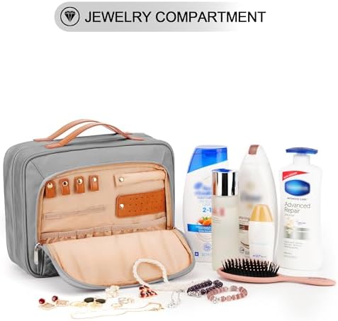 COOSKY Travel Hanging Toiletry Bag for Women, Holds Full-Size Shampoo, with Jewelry Organizer Compartment, Extra Large Makeup Bag, Waterproof Cosmetic Bag, Toiletries Kit Set with Trolley Belt, Grey - Image 3