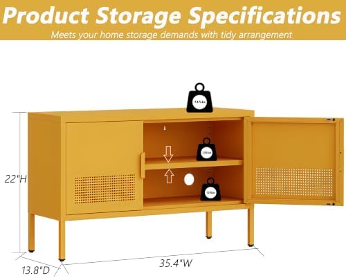 Wide Metal TV Stand with Ventilated Mesh Doors and Adjustable Shelf, Low Media Console Accent Cabinet Locker, Yellow Multifunctional 2 Door Cabinet for Living Room Bedroom Home Office - Image 2