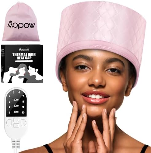 Heat Cap for Deep Conditioning: 10-Level Heats Up Quickly 3 Time Settings Hair Steamer for Natural Hair Home Use Thermal Steam Cap for Black Hair Portable Heating Caps Pink by AOPOW