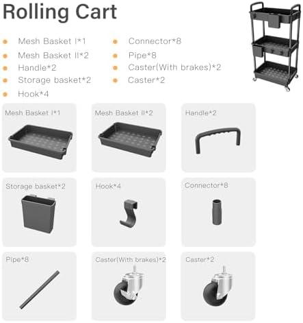 3 Tier Rolling Utility Cart with Handle,REBECAT Utility Cart Made of Multifunctional Storage Organizer Tool for Kitchen,Bathroom,Living Room,Office(Black) - Image 4