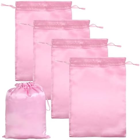 4PCS Wig Bags with Satin Drawstring, Pink Silk Satin Bags by Unknown