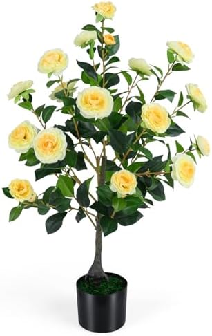 Goplus 35.5’’ Artificial Camellia Tree, Flower Plants Artificial Tree by Goplus
