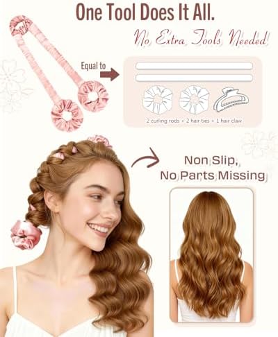 BONNET QUEEN Heatless Hair Curler for Heatless Curls Overnight, All-in-One Sleepy Tie Satin Curling Rod, Hair Curlers to Sleep In, Overnight Blowout Rods, Hair Rollers for Women Long Hair, Cream Pink - Image 2