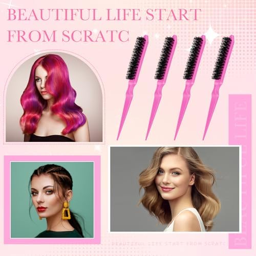 Yaomiao 6 Pcs Teasing Brush Set, 3 Row Nylon Rat Tail Combs for Fine Hair, Back Combing, Root Lifting, Scalp Massage, Hair Brushes for Women Salon Home Use(Pink) - Image 4