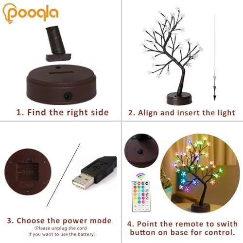 Pooqla RGB Cherry Blossom Tree Light with Remote 28 Colors LED Artificial Flower Bonsai Tree, RGB Table Top Lamp Home Lit Tree Valentine's Day Decoration 36 LED, Brown Branch - Image 5