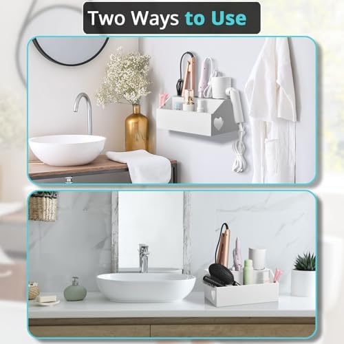 Bivvclaz Hair Tool Organizer, Wooden Hair Dryer Holder Wall Mount, Countertop Hot Tools Organizer for Hair Styling Accessories, Bathroom Supplies Vanity Caddy for Curling Wand, Blow Dryer, White - Image 5