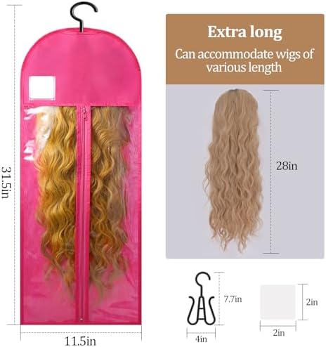 6Pcs Extra Long Wig Storage Bags with Hanger Hair Extension Wig Storage Hanger Bags for Multiple Wigs with Tags Organizer Dust-Proof Home Travel Closet Wigs & Accessories (Pink 31.5in) - Image 3
