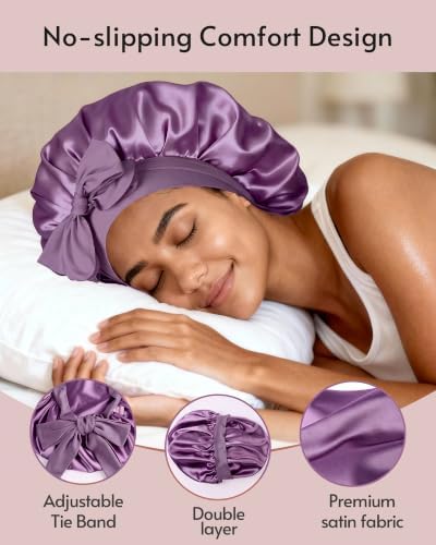 Yanideer 3 pcs Adjustable Satin Bonnets for Sleeping Double Layer Satin Lined Hair Bonnet with Tie Band for Women Curly Hair - Image 3