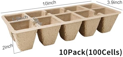 Seed Starter Tray 100 Cells, Biodegradable Peat Pots for Seedlings, 10 Pack 1.8" Square Pulp Nursery Cups with 100 Plant Labels and 2 Transplant Tools for Vegetable Herb - Image 2